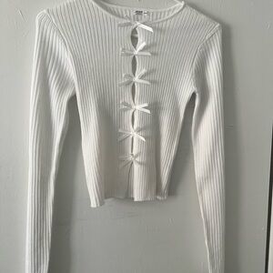 Ardene White Ribbed Long Sleeve with Bow Accents